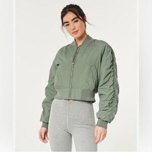 Gilly Hicks Zip Up Khaki Bomber Jacket-Ruched Sleeves-Size Large